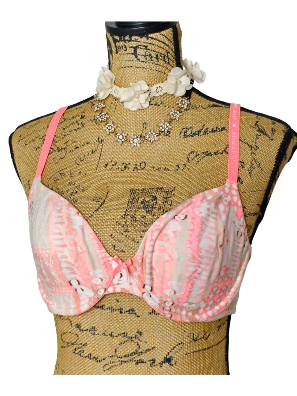 Victorias Secret 36C Demi Bra Pink/White Unlined Underwire Very Sexy Logo Straps